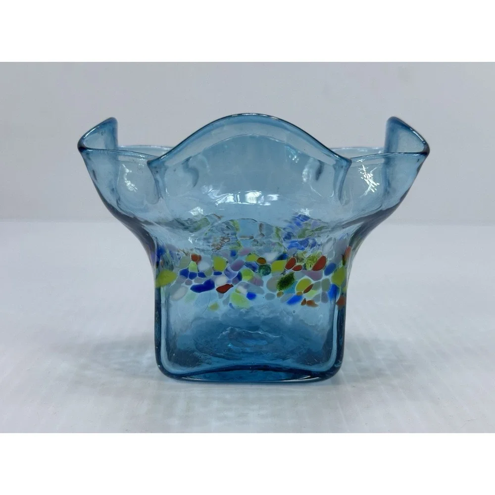Slow Burn Glass Signed Dated 2022 Hand Blown Blue Multi Color Fluted Vase 3.5